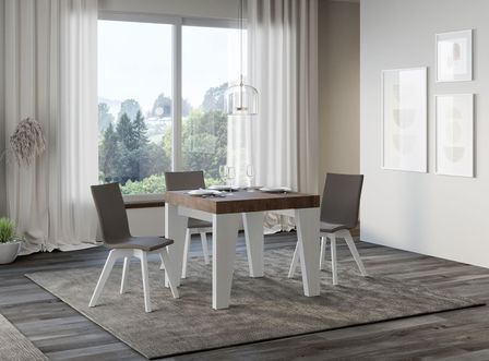 Petite table carrée extensible bois blanc et noyer 90 à 246 cm Nako