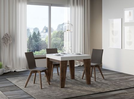 Petite table carrée extensible bois blanc et noyer 90 à 246 cm Naxo