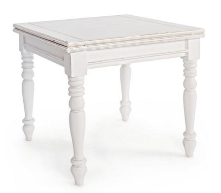 Petite table carrée extensible KOLITA – Bois massif blanc patiné 80/160 cm