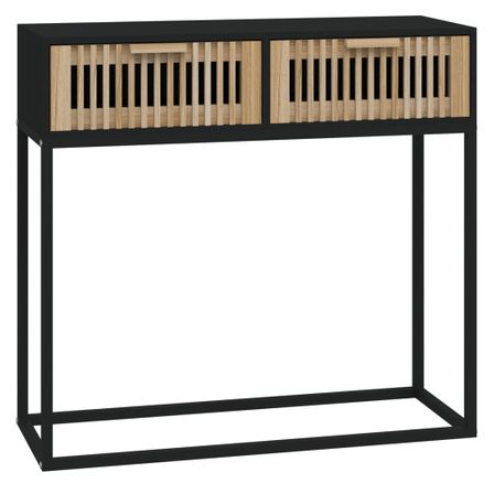 Petite table console en bois naturel avec 2 tiroirs et pieds en métal noir 80 cm - Modèle Bolivia