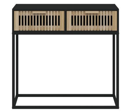 Petite table console en bois naturel avec 2 tiroirs et pieds en métal noir 80 cm - Modèle Bolivia