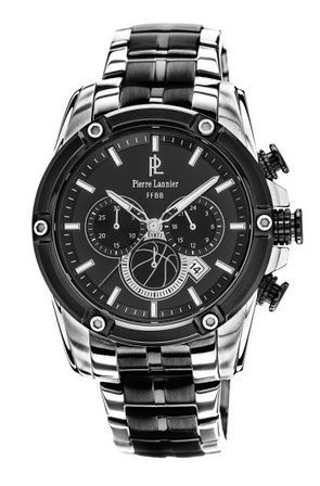 Pierre Lannier Ffbb Black Basket-ball Chronograph Box 373a481 - Movement: Miyota - Case: Black And Silver Stainless Steel 46mm - Bracelet: Black And Silver Steel And Black Faux Crocodile