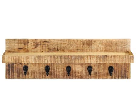Porte-manteau mural bois de manguier brut et acier - 5 crochets