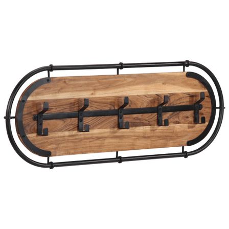 Porte-manteau mural en bois massif et fer - 5 crochets