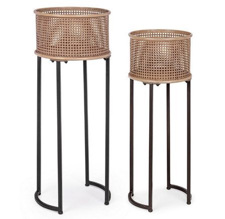 Porte plantes bois effet rotin et acier noir Toky - Lot de 2