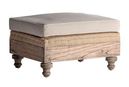 Pouf carré tissu beige et pied bois massif clair Chabo