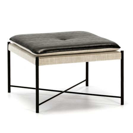 Pouf carré tissu beige et simili cuir noir Aaron