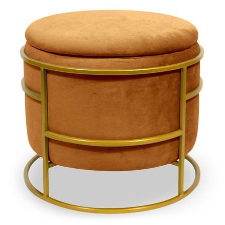 Pouf coffre rond velours marron et métal doré Pissou