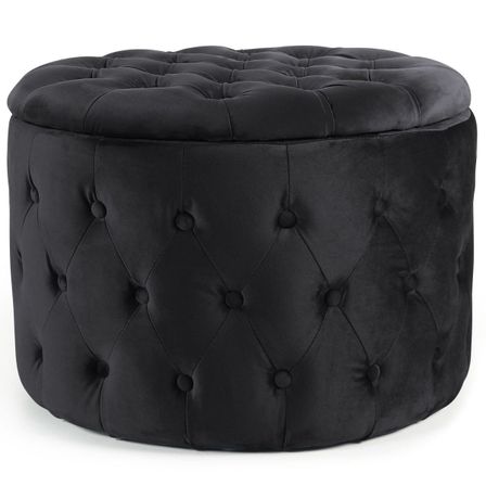 Pouf coffre rond velours noir Malvina