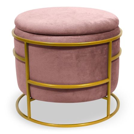 Pouf coffre rond velours rose et pieds métal doré Pissou