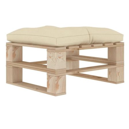 Pouf de jardin coussin crème et palette pin massif clair Farsa