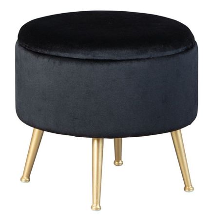 Pouf de rangement velours noir pieds métal doré Willa