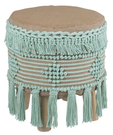 Pouf frange coton bleu azur Katina D 37 cm