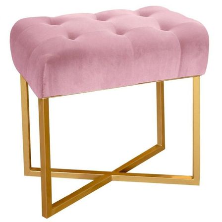 Pouf rectangulaire velours rose et pieds métal doré Aubaine