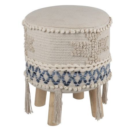 Pouf tissu beige et bleu pieds bois massif Marino D 30 cm