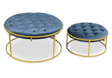 Pouf velours bleu et pied métal doré Vanilia - Lot de 2