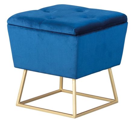 Pouf carré velours bleu et pieds métal doré Willa