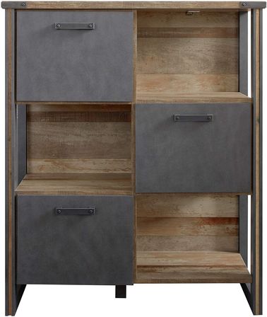 Rangement vintage vieux bois usé et gris avec rivets