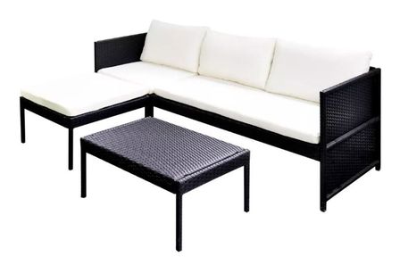 Salon de jardin 1 canapé résine tressée noir coussins blanc Kesaria