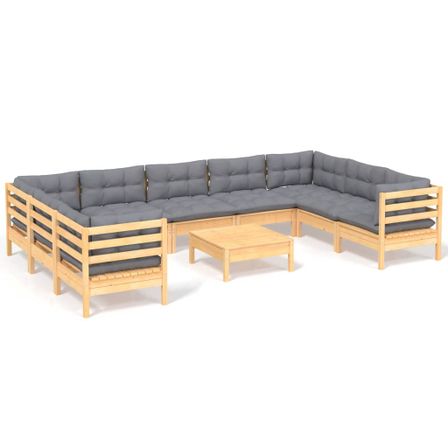 Salon de jardin 10 pcs avec coussins gris Bois de pin 2