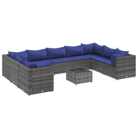 Salon de jardin 10 pcs avec coussins Gris Résine tressée