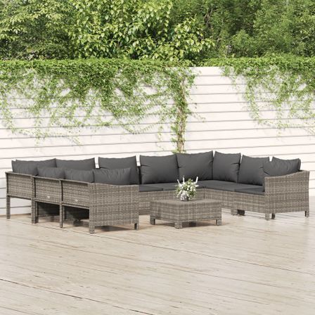 Salon de jardin 10 pcs avec coussins Gris Résine tressée