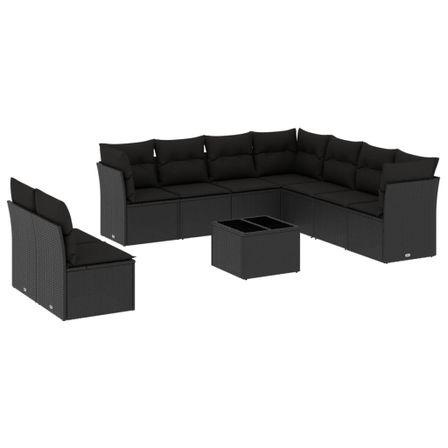 Salon de jardin 10 pcs avec coussins noir résine tressée
