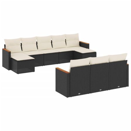 Salon de jardin 10 pcs avec coussins noir résine tressée