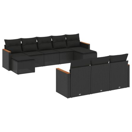 Salon de jardin 10 pcs avec coussins noir résine tressée
