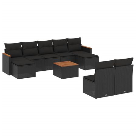 Salon de jardin 10 pcs avec coussins noir résine tressée