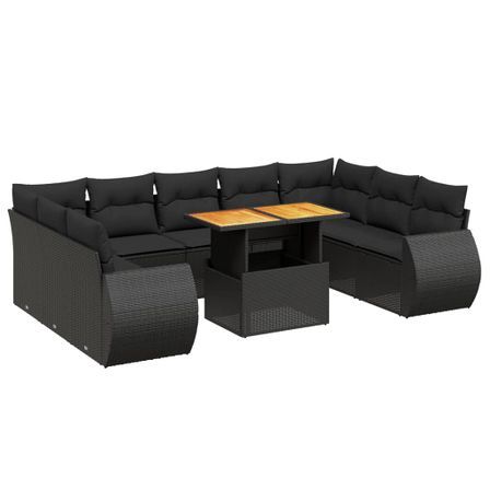 Salon de jardin 10 pcs avec coussins noir résine tressée