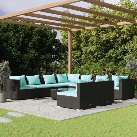 Salon de jardin 10 pcs avec coussins noir résine tressée