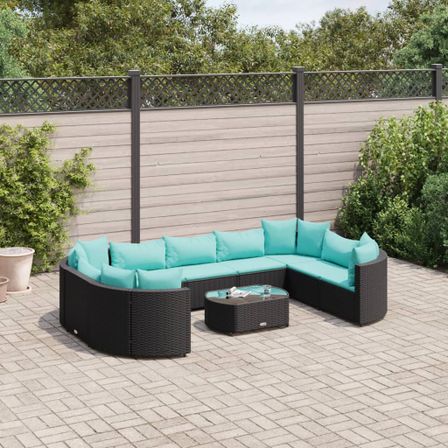 Salon de jardin 10 pcs avec coussins noir résine tressée