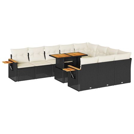 Salon de jardin 10 pcs avec coussins noir résine tressée acacia