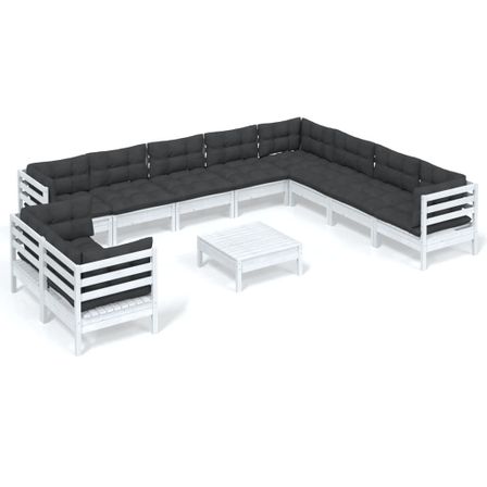 Salon de jardin 11 pcs avec coussins Blanc Bois de pin solide 4