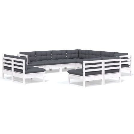 Salon de jardin 11 pcs avec coussins blanc bois de pin solide