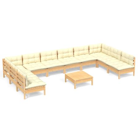 Salon de jardin 11 pcs avec coussins crème Bois de pin massif 2