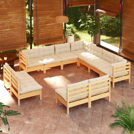 Salon de jardin 11 pcs avec coussins crème Bois de pin massif