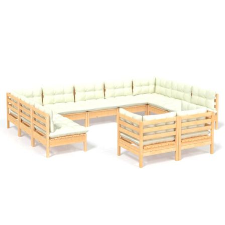 Salon de jardin 11 pcs avec coussins crème Bois de pin solide 3