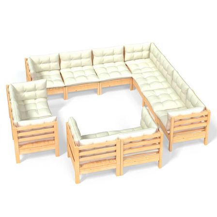 Salon de jardin 11 pcs avec coussins crème Bois de pin solide 2