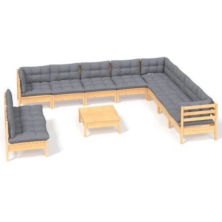 Salon de jardin 11 pcs avec coussins gris Bois de pin solide 5