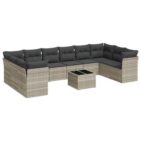 Salon de jardin 11 pcs avec coussins gris clair résine tressée