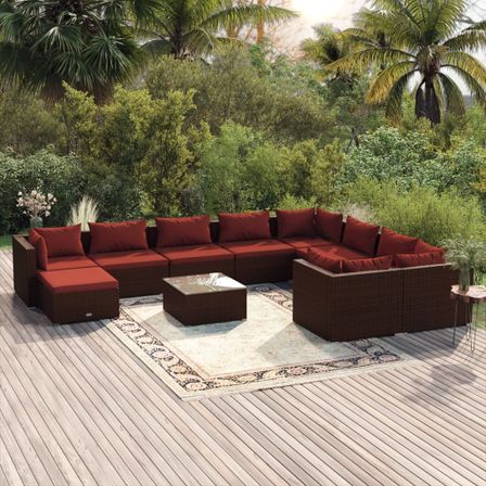 Salon de jardin 11 pcs avec coussins Résine tressée Marron