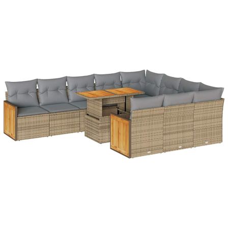 Salon de jardin 11pcs avec coussins beige résine tressée acacia