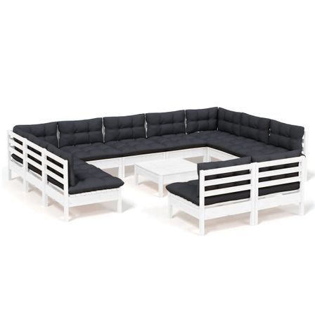 Salon de jardin 12 pcs avec coussins Blanc Bois de pin solide 4