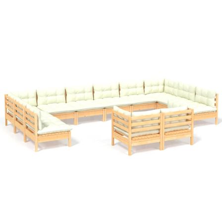 Salon de jardin 12 pcs avec coussins crème Bois de pin massif 3