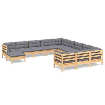 Salon de jardin 12 pcs avec coussins gris Bois de pin massif 3
