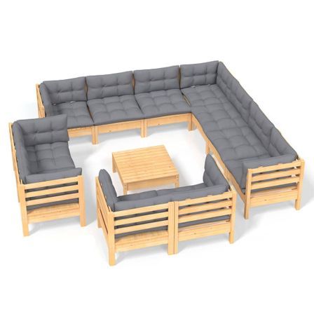 Salon de jardin 12 pcs avec coussins gris Bois de pin solide