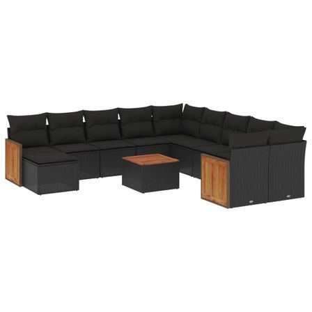 Salon de jardin 12 pcs avec coussins noir résine tressée