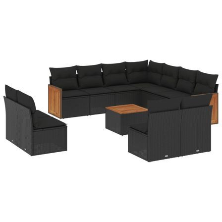 Salon de jardin 12 pcs avec coussins noir résine tressée